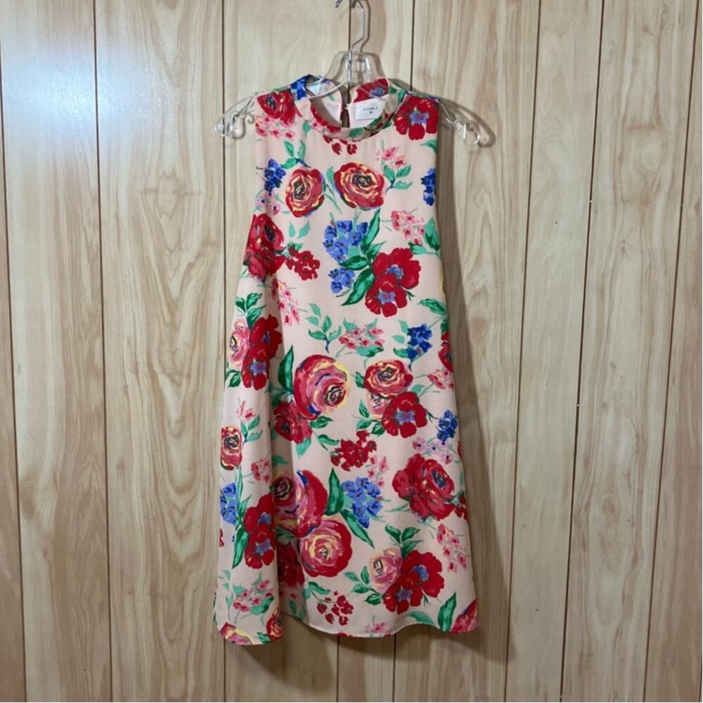 Everly Pink Floral Boho Minimalist Sleeveless Shift Knee Length Dress Women L